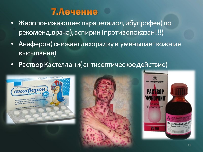 7.Лечение Жаропонижающие: парацетамол, ибупрофен( по рекоменд.врача), аспирин (противопоказан!!!) Анаферон( снижает лихорадку и уменьшает кожные